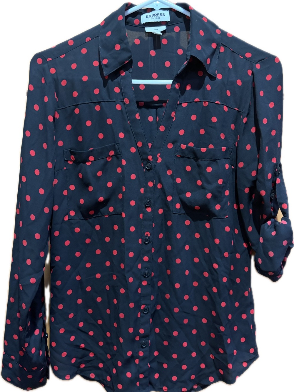 Express Portofino Black Shirt with Red Polka Dots S